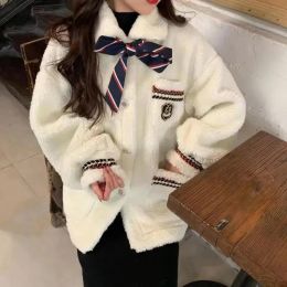 Fur 2023 women winter solid pockets Faux Lamb Fur Coat female Japanese Fashion Outwears lady JK Loose Warm coats