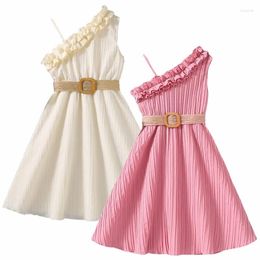 Girl Dresses Fashion Summer Dress One Shoulder Girls Clothes Teenager Formal Beach With Belt Kid Children Clothing Plus Size Teens