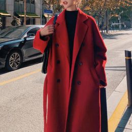 Blends Winter Autumn Christmas Red Black Loose Long Wool Coat Jacket Belt Woolen Overcoat Korean Women Split Hem Cardigan Outerwear