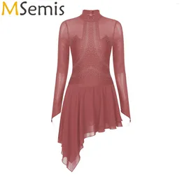 Stage Wear Sparkly Rhinestone Skating Ballet Tutu Dress Gymnastics Leotards For Women Sheer Mesh Long Sleeve Lyrical Dance