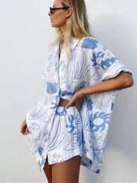 Sets hirigin Holiday Two Pieces Sets Women 2022 Summer Casual Beach Outfits for Women Printed Short Sleeve Shirts and Shorts Suits