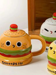 Mugs Korean Style Cute Hamburger Ceramic Mug With Funny Underglaze Color Creative Three-dimensional Spoon Lid Water Cup