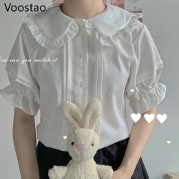 Shirt Japanese Sweet Lolita Style Blouses Women Kawaii Peter Pan Collar JK Shirts Girls Cute Ruffles Short Puff Sleeve Blusas Mujer