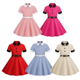 Dress 2023 Little Girl Vintage Party Dress Patchwork Solid Pink Summer Dresses Robe Pin Up Retro 50s 60s Rockabilly Sundress VD3830