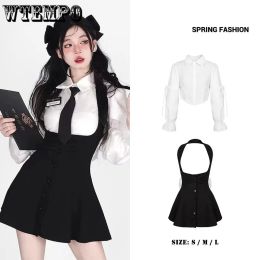 Suits Sweet White Polo Neck Dress Sets Women Preppy Style Long Sleeve Shirt+Suspender Skirt Gifts School Pass Black Tie KoreanFashion