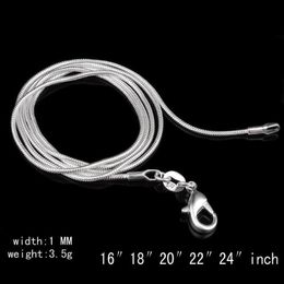 Big Promotions 100 pcs 925 Sterling Silver Smooth Snake Chain Necklace Lobster Clasps Chain Jewellery Size 1mm 16inch --- 24inch304K