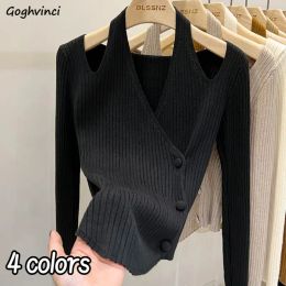 Cardigans Halter Cardigans Women Slim Office Lady Cropped Elegant Chic Korean Style Fashion Simple Streetwear Temper Cozy Spring Knitwear