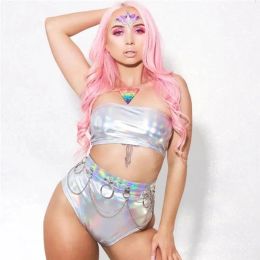 Sets Holographic Two Piece Set Women Shiny Wet Look Strapless Crop Top Sexy Hot Panty Metallic Tube Top and Shorts Festival Clubwear