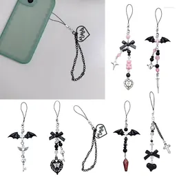 Keychains Bow-Love Keychain Crystal Y2k Beaded Phone Lanyard Strap Guitar Charm Cross-Pendant Chain Anti-Lost For Women Girl