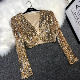 Jackets Sequins Patch Jacket Women Spring Long Sleeve Gold Silver Shiny Crop Top Dance Party Korean Slim Open Stitch Female