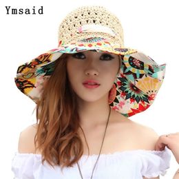 Fashion Sun Hat For Women Holiday Beach Straw Female Hollow Printed Bow Summer Big Brim Fold Uv Protection Floppy 220312209S