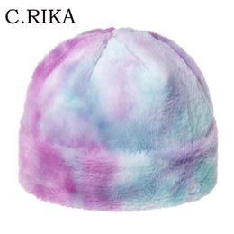 Autumn Winter Faux Fur Rainbow Multicolor Tie Dye Skullies Caps Fashion Hip Hop Thick Warm Beanie Hat for Women Girls Gorros245F