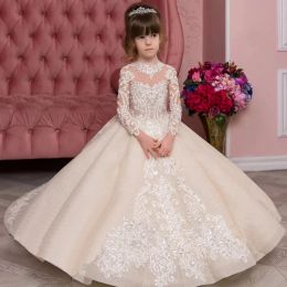 Princess Champagne Flower Dresses Vintage Long Sleeve Sheer Crew Neck Appliques Ruched Tulle Cute Girl Formal Party Gowns Pageant Wears BC