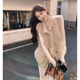 Waistcoats Women 2023 Faux Fur Vest Coat Single Breasted Cardigan Female Loose Winter Knitted Sweater standup collar Warm Vest Outerwear