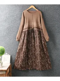Dress Lamtrip Unique Knitting Cotton Patchwork Drawstring Flowers Peacock Feather Print Mother Dress Robe 2023 Autumn Winter