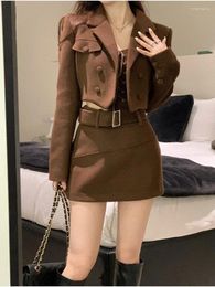 Work Dresses French Sweet Girl Suit Women's Autumn/Winter Coffee Short Coat Lace-up Camisole High Waist Skirt Fashion Three-piece Set