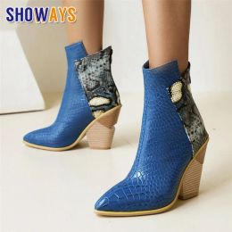 Dresses Brown Blue Cowboy Ankle Boots Women Western High Wedge Heels Light Dress Ladies Winter PU Leather Pointed Toe Zipper Short Botas