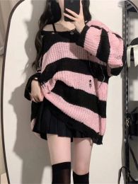 Pullovers DeeptownWomen's Pink Striped Sweaters, Harajuku Vintage Black Knitted Jumper, Grunge Sexy Hole Hollow Out Loose Allmatch Tops,