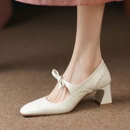 Dresses New Women's Wedding Shoes Bow Mary Jane Shoes High Heels Retro Pumps Vintage Dress Shoes Embossing Zapatos Mujer Autumn 1337N