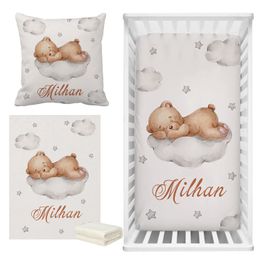 LVYZIHO Sleeping Bear Custom Name Crib Bedding Set Moon Cloud and Stars Baby Shower Personalised Crib Sheet For Boy And Girl 240220