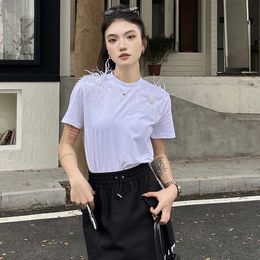 designer South Oil High Version Miu Home T-shirt Women's 24 Spring Slim Fit Pearl Feather Short Sleeve Round Neck Button Top SVKY