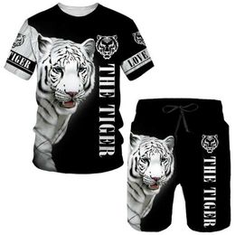 Men's Tracksuits Summer Tracksuit T-shirt Shorts 2 Piece Animal Tiger Printed Outfits Sports Suit Oversized Casual Streetwear Man Sets Clothing J240305