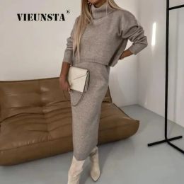 Suits 2024 Fashion Two Piece Sets Women Outfits Women Pile Collar Knitted Sweater Dress Sets Solid Loose Pullover Sweater Skirt Suits