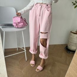 Jeans ins Chatey pink roar warm oil loose tight waist high waist ripped design sense jeans casual pants