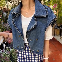 Waistcoats Korean style Vintage Women Allmatch Lapel Femme Jacket Zipper DoubleTops Spring Summer Loose Short Sleeve Denim Vest