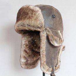 Bomber Hats Winter Men Warm Russian Ushanka Hat with Ear Flap Pu Leather Fur Trapper Cap Earflap D19011503240C