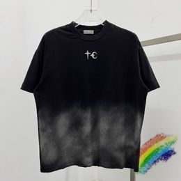 Washed Embroidered T Shirt Men Women Tie Dye Gradient Colour Tee Top Streetwear Oversize T-Shirts