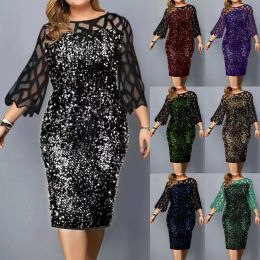 Dress Ladies Mesh 3/4 Sleeve Party Dresses Plus Size Dress for Women Elegant Glitter Sequined Sexy Bodycon Evening Dress Robe Femme