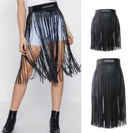 skirt 2023 Fashion Pu Leather Fringe Skirt For Women Black Gothic Gypsy Style Girdle With Buttons Halloween Party Punk Rock Clubwear