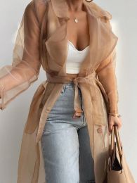 Trench Spring Summer Trench 2023 New In Outwear Mesh Coat Transparent Loose Thin Cardigan Lantern Sleeve Long Shirt Women's Clothing