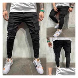 Men'S Jeans Black Men Biker Cargo Mti Pocket Slim Fit Joggers Trousers Male Ripped Hole Motorcycle Streetwear Denim Pencil Pants Dro Dht5U