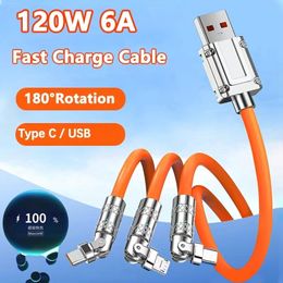 120W 3 In 1 Fast Charge Cable 180° Rotation 6A Super Fast Charging Micro USB Type C Cable Liquid Silicone For Xiaomi Samsung S24 Huawei LG Oneplus