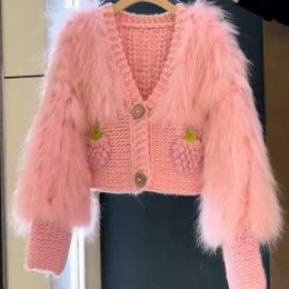 Cardigans VNeck Pink Crocheted 3D Grapes Knitted Cardigan Faux Mink Fur Spliced Sweater Coat Imitated Fox Hair Patchwork Knitwear Tops