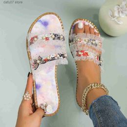 Slippers Fashionable New Round Head Butterfly Pearl Colorful for Womens Large Lace Roman SandalsH2435