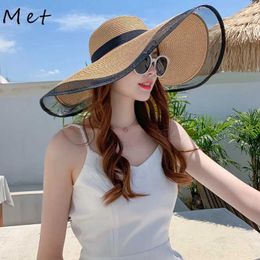 Wide Brim Hats Bucket Hats S09 Straw Hat Summer New Black Mesh Womens Summer Sunscreen Cover Beach Vacation Folding Beach Hat Umbrella J240305