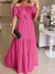 Dress VONDA 2024 Summer Elegant Sundress Women Sexy Off Shoulder Ruffled Maxi Dress Short Sleeve Bandage Elastic Waist Solid Long Robe