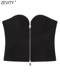 Shirt Zevity 2023 Women Fashion Strapless Front Zipper Black Short Smock Blouse Female Chic Slim Shirt Crop Blusas Tops LS5048