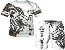 Summer Men039s Animal Tattoo White Short Sleeve Tops The Lion 3D Printed Oneck TshirtShorts Suit Casual Sportwear Tracksuit 7320202