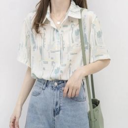 Shirt Vintage Chiffon Short Sleeve TShirt Print Beautiful Women's Blouses 2022 Summer Korean Fashion Loose Casual Top Free Shipping