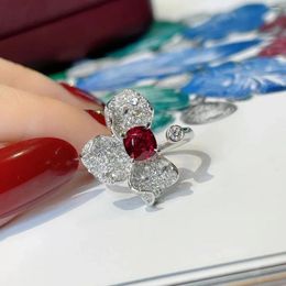 Cluster Rings Flower For Women Luxury Silver Colour Open Ring Princess Cut Shiny Red CZ Crystal Elegant Engagement Bride Jewellery