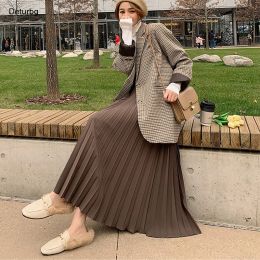 skirt Women's Elegant Pleated Midi Solid Skirt Korean Fashion High Waist Thick ALine Skirts for Suits Jupe Femme 2021 Winter Sk965