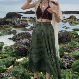 skirt y2k Printed Green Midi Skirts Retro Kawaii Lace Up Long Pleated Skirts Grunge Fairycore Boho Beach Holiday Skirt Chic Women