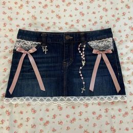 Y2k Denim Skirt Womens Harajuku Gothic Lace Sexy Retro Blue Mini Pleated A Line Girl High Waist Slim Short 240227