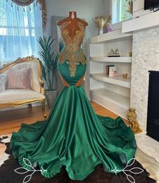 Sheer Green O Neck Long Mermaid Prom Dress for Black Girls 2024 Gold Beaded Rhinestone Birthday Party Dresses Evening Gowns Robe De Bal 0305 Es Es es