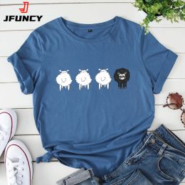 T-Shirts JFUNCY 2023 Summer Female Tees Sheep Graphic T Shirts Short Sleeve TShirt Women's Tops Oversized Cotton Tshirt Women Clothing