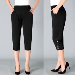 Capris 2022 Women's Capris Pants For Women Loose Casual Elastic High Waist Pencil Calf Length Pant Summer Breeches Black White